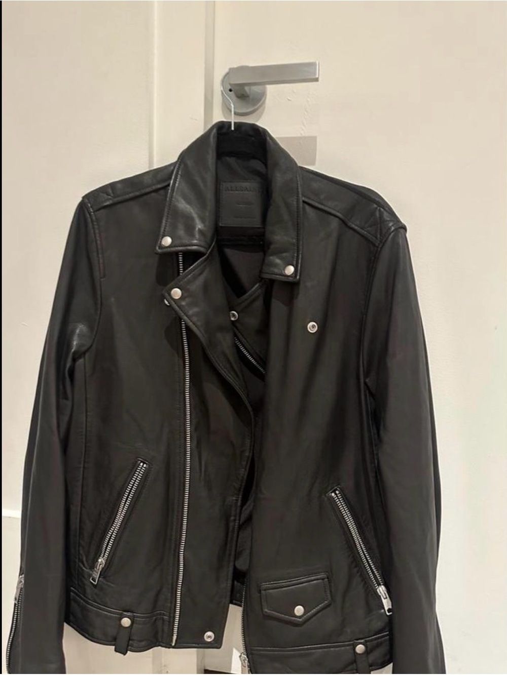All Saints Black Leather Milo Biker Jacket with Silver Hardware